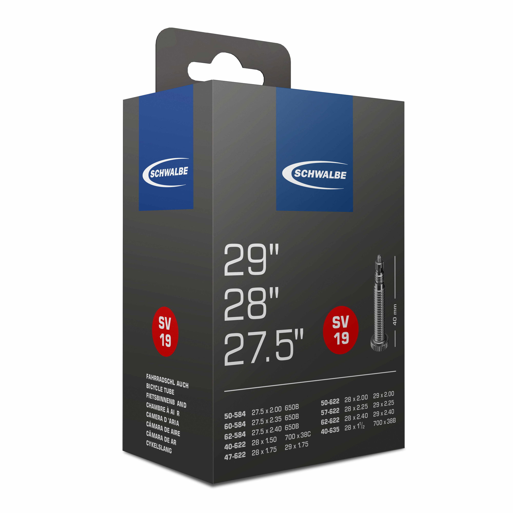 Bicycle Tubes Camera SCHWALBE SV19A EXTRA LIGHT 27.5/28/29'' (40/62-584/635) EK 40mm