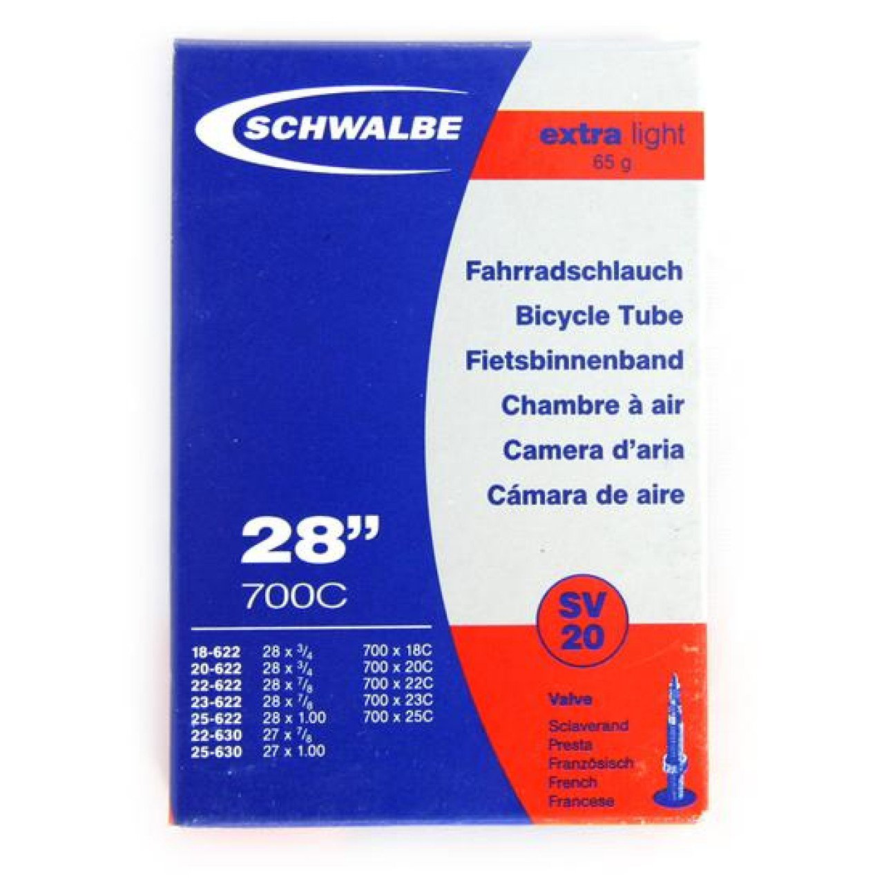 Bicycle Tubes Camera SCHWALBE SV20 EXTRA LIGHT 28'' (18/25-622/630) EK