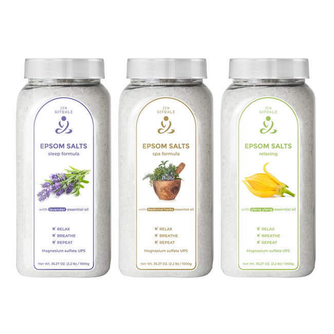 Zen Rituals - set 3 cutii sare de baie cu uleiuri esentiale (aroma lavanda, ylang ylang si plante medicinale) - 3 x 1kg