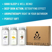 Zen Rituals - set 3 cutii sare de baie cu uleiuri esentiale (aroma lavanda, ylang ylang si plante medicinale) - 3 x 1kg