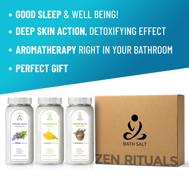 Zen Rituals - set 3 cutii sare de baie cu uleiuri esentiale (aroma lavanda, ylang ylang si plante medicinale) - 3 x 1kg