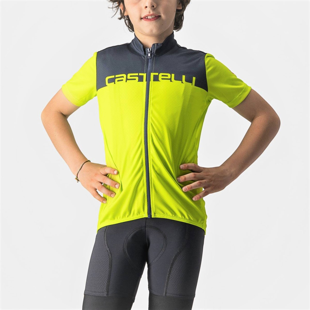 Castelli Castelli - tricou ciclism cu maneca scurta pentru copii Neo Prologo Jersey - verde electric lime albastru inchis savile
