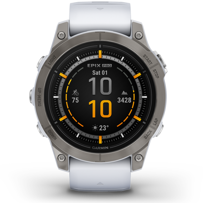 Garmin - epix Pro 47mm Gen 2 Sapphire smartwatch premium AMOLED - ramă din titanium si curea din silicon albă