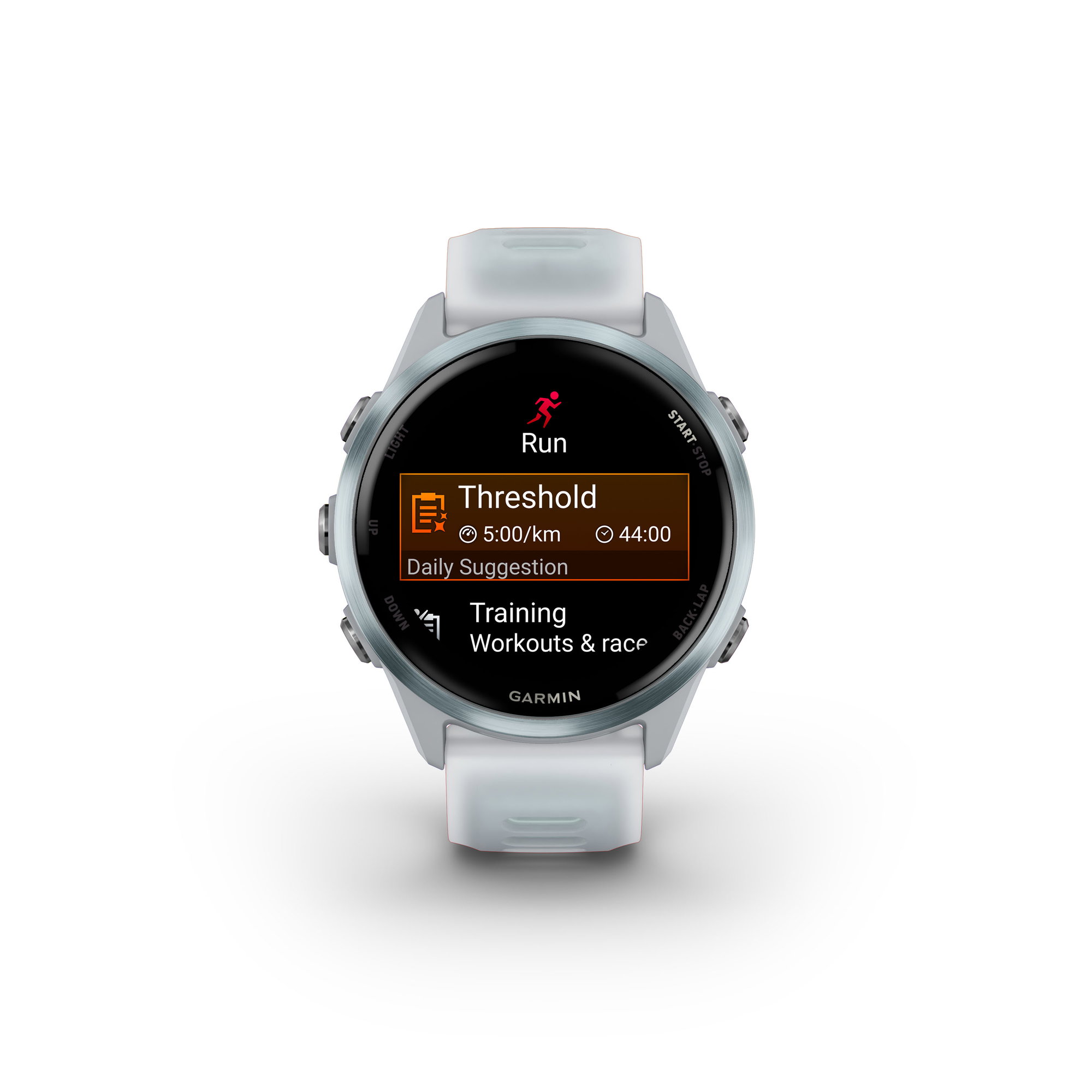etichete Garmin Forerunner 570 - 42 mm - ceas multisport cu GPS si AMOLED - alb Cloud Blue Aluminium with Translucent Whitestone | Cloud Blue Band