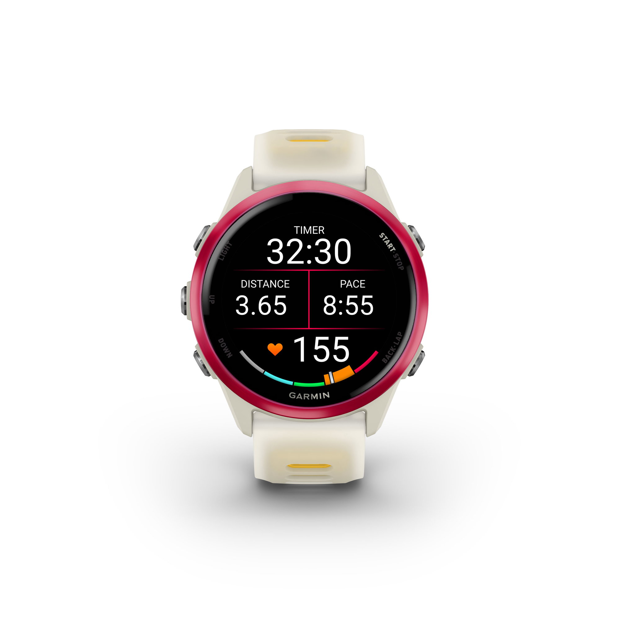 etichete Garmin Forerunner 570 - 42 mm - ceas multisport cu GPS si AMOLED - alb mango roz Raspberry Aluminium with Translucent Bone | Mango Band