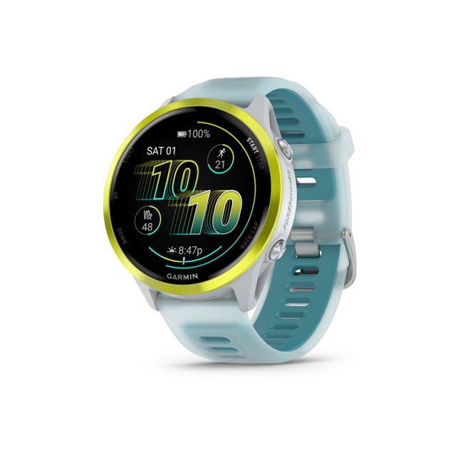 Garmin Forerunner 570 - 47mm - ceas multisport cu GPS si AMOLED - alb Amp Yellow Aluminium with Translucent Whitestone | Turquoise Band
