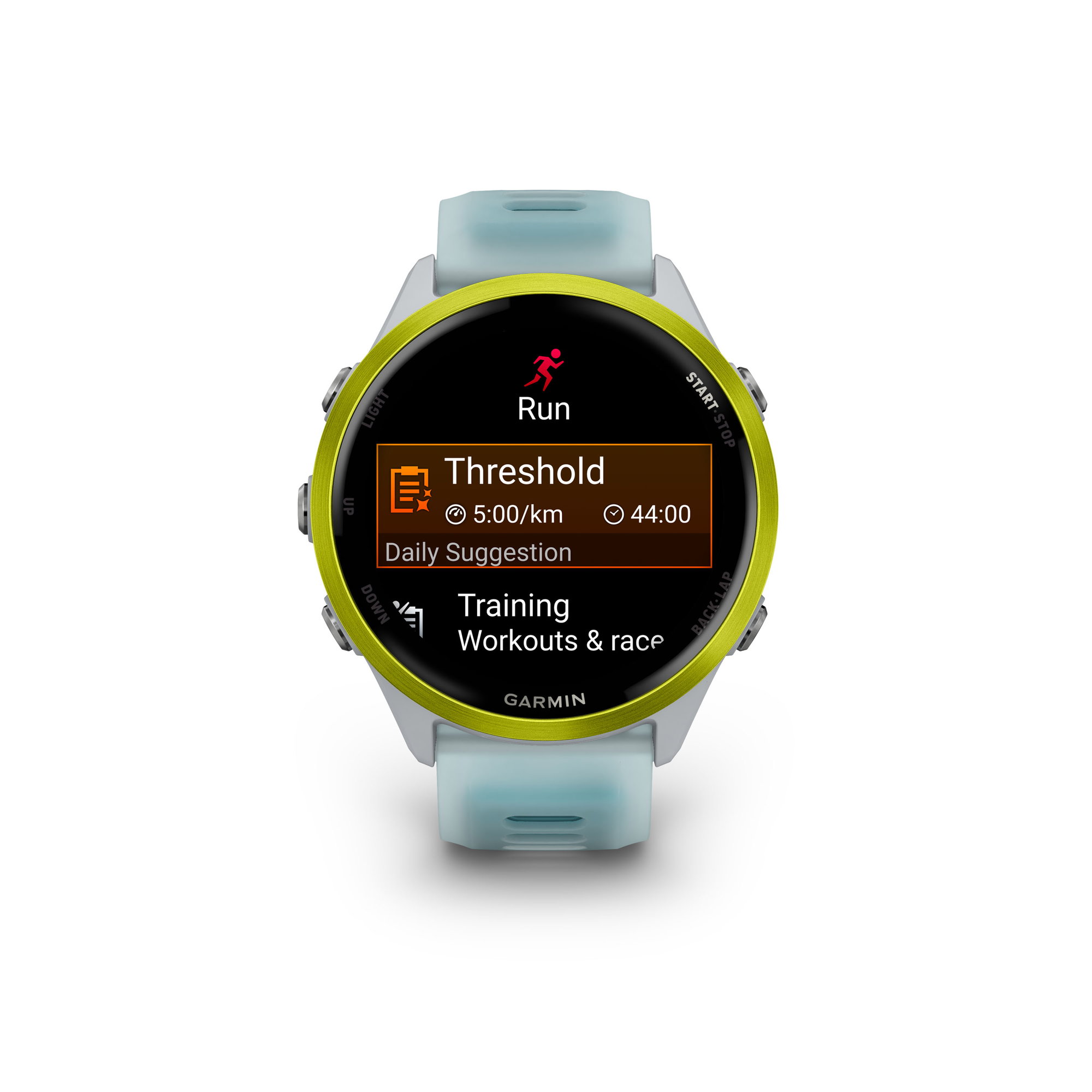 etichete Garmin Forerunner 570 - 47mm - ceas multisport cu GPS si AMOLED - alb Amp Yellow Aluminium with Translucent Whitestone | Turquoise Band