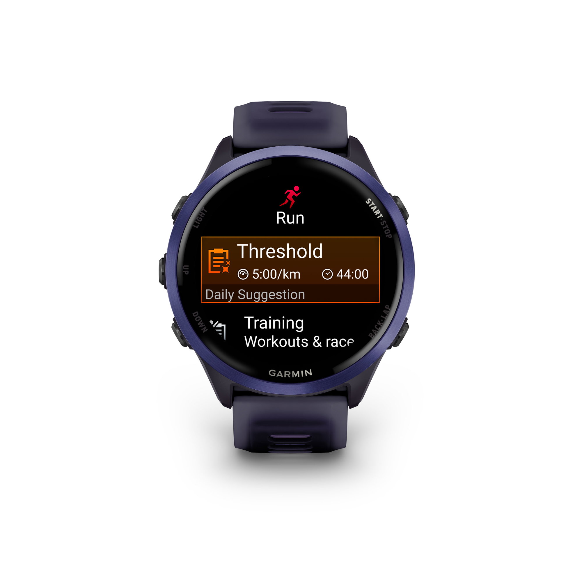 etichete Garmin Forerunner 570 - 47mm - ceas multisport cu GPS si AMOLED - negru Indigo Aluminium with Translucent Imperial Purple | Indigo Band