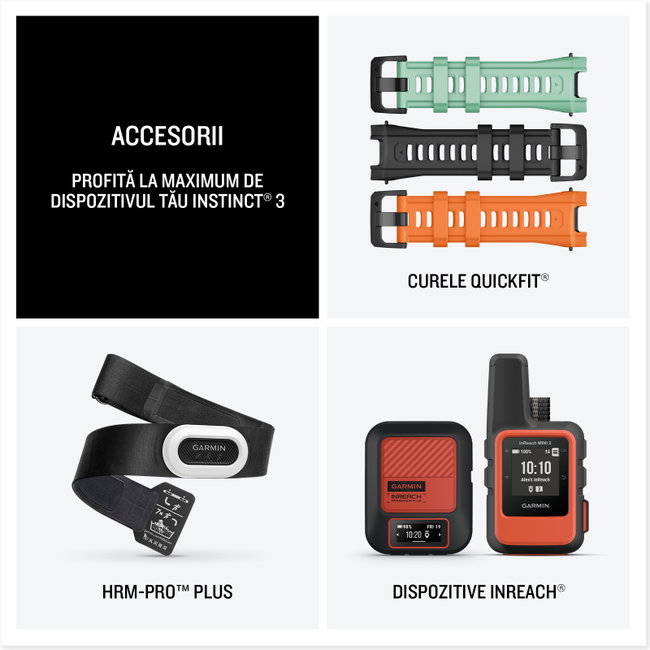Garmin INSTINCT 3 - 50 mm AMOLED - Whitestone cu curea neagră / albastru intens - smartwatch robust cu GPS