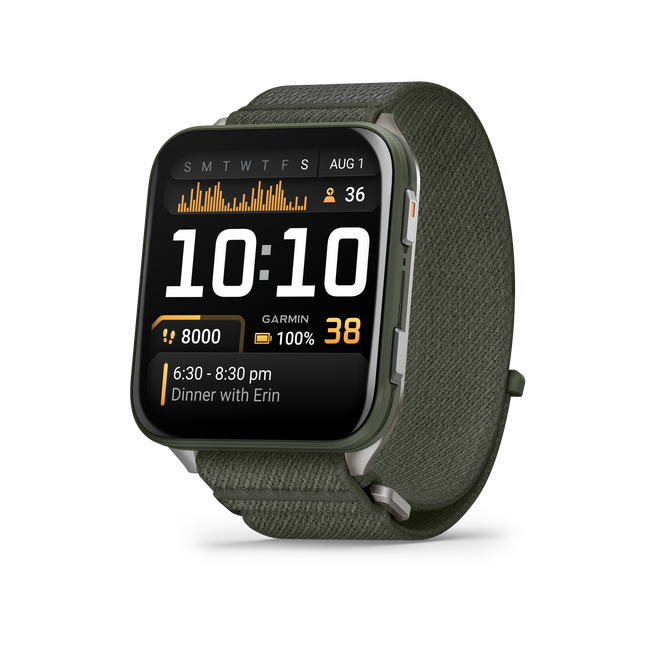 Garmin - Venu X1 - smartwatch cu GPS și AMOLED - Moss cu spate din titan argintiu și curea din nailon ComfortFit Moss