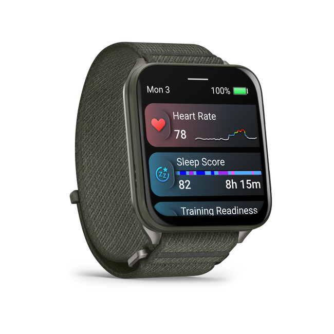 Garmin - Venu X1 - smartwatch cu GPS și AMOLED - Moss cu spate din titan argintiu și curea din nailon ComfortFit Moss