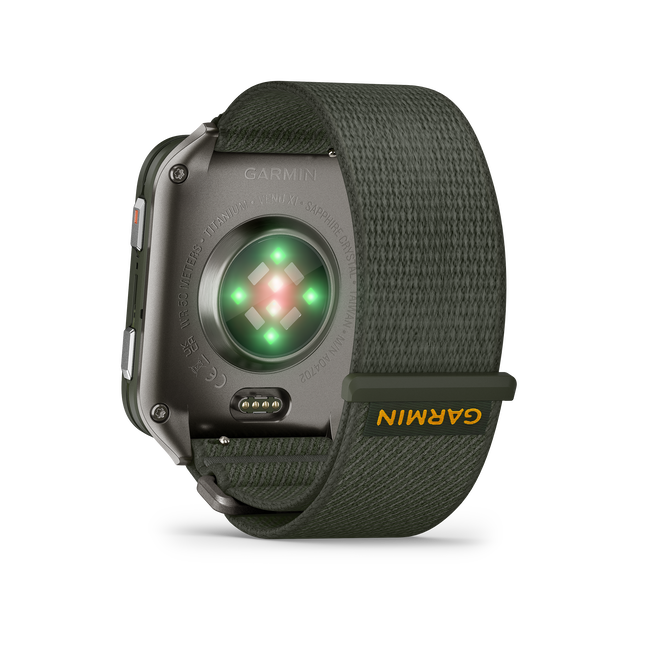 Garmin - Venu X1 - smartwatch cu GPS și AMOLED - Moss cu spate din titan argintiu și curea din nailon ComfortFit Moss