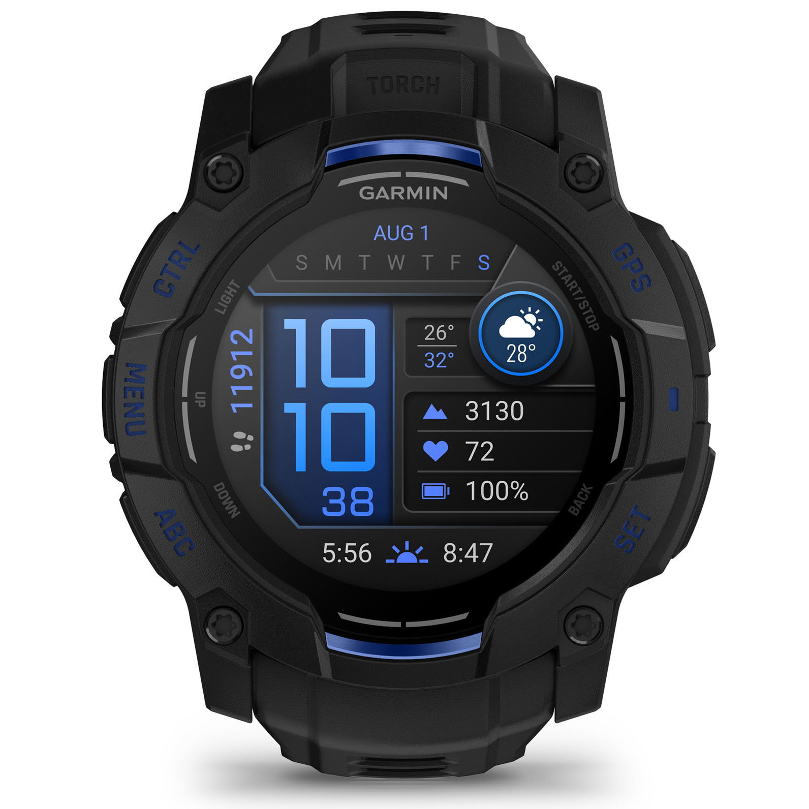 Watches Garmin INSTINCT 3 - 50 mm AMOLED - Whitestone cu curea neagră / albastru intens - smartwatch robust cu GPS