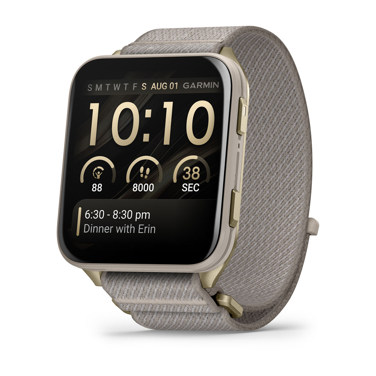 etichete autocolante Garmin Venu X1 | Soft Gold cu spate din titan și curea din nailon French Gray