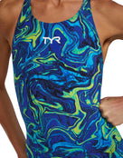 Costum înot întreg femei TYR Thresher Open Back - albastru/verde