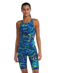 Costum înot întreg femei TYR Thresher Open Back - albastru/verde