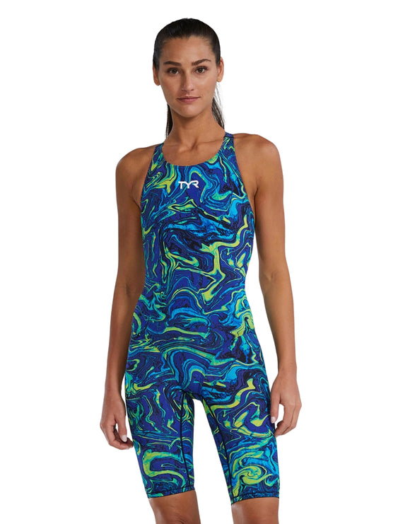 TYR Costum înot întreg femei TYR Thresher Open Back - albastru/verde