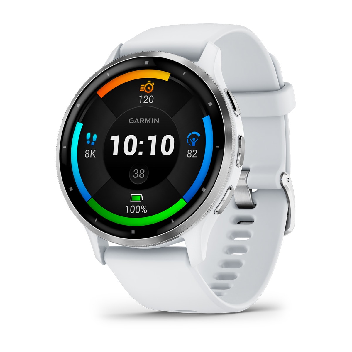 maximag cardio Garmin - Venu 3 smartwatch cu GPS și AMOLED - ramă argintie din oţel inoxidabil şi carcasă whitestone şi brăţară din silicon