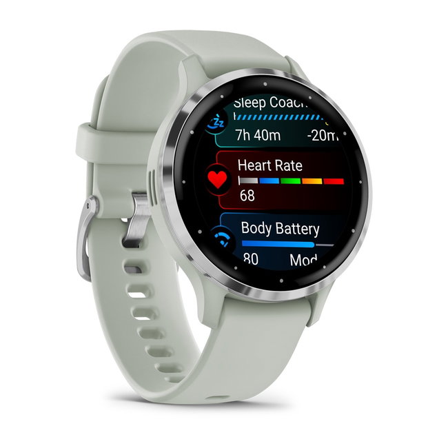 Garmin - Venu 3s smartwatch cu GPS și AMOLED - ramă argintie din oţel inoxidabil şi carcasă sage grey şi brăţară din silicon