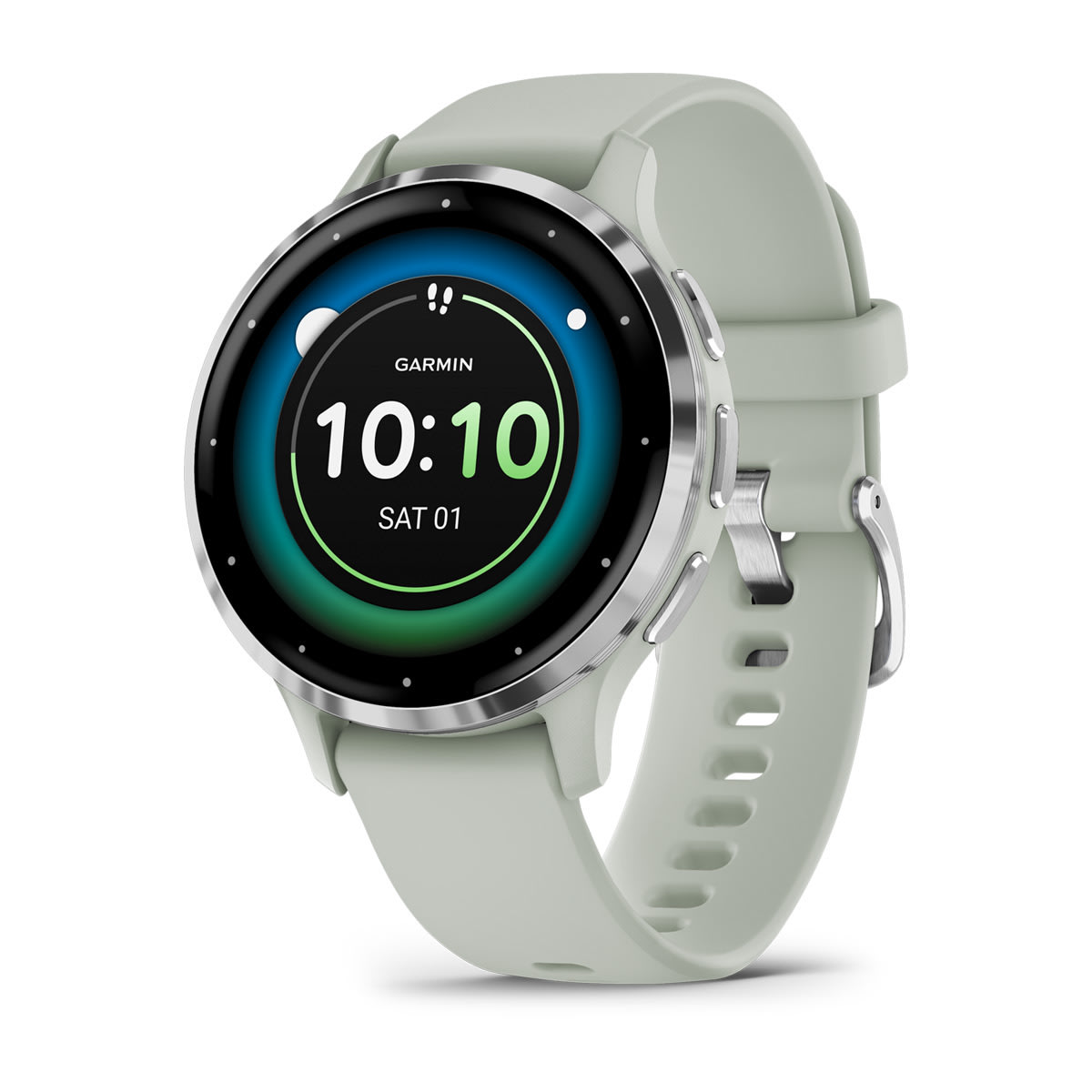 maximag cardio Garmin - Venu 3s smartwatch cu GPS și AMOLED - ramă argintie din oţel inoxidabil şi carcasă sage grey şi brăţară din silicon