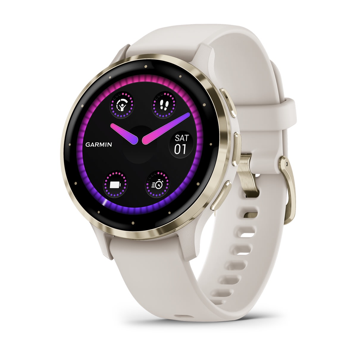 maximag cardio Garmin - Venu 3s smartwatch cu GPS și AMOLED - ramă din oţel inoxidabil Soft Gold cu carcasă Ivory şi curea din silicon