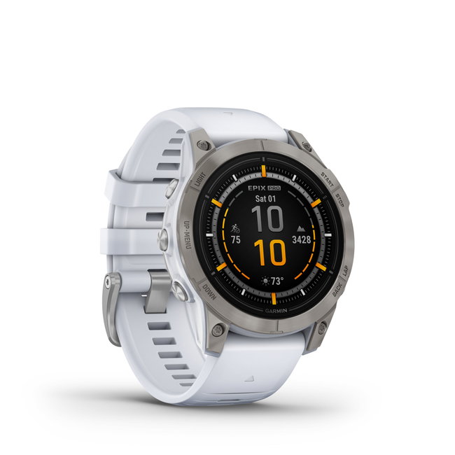 Garmin - epix Pro 47mm Gen 2 Sapphire smartwatch premium AMOLED - ramă din titanium si curea din silicon albă