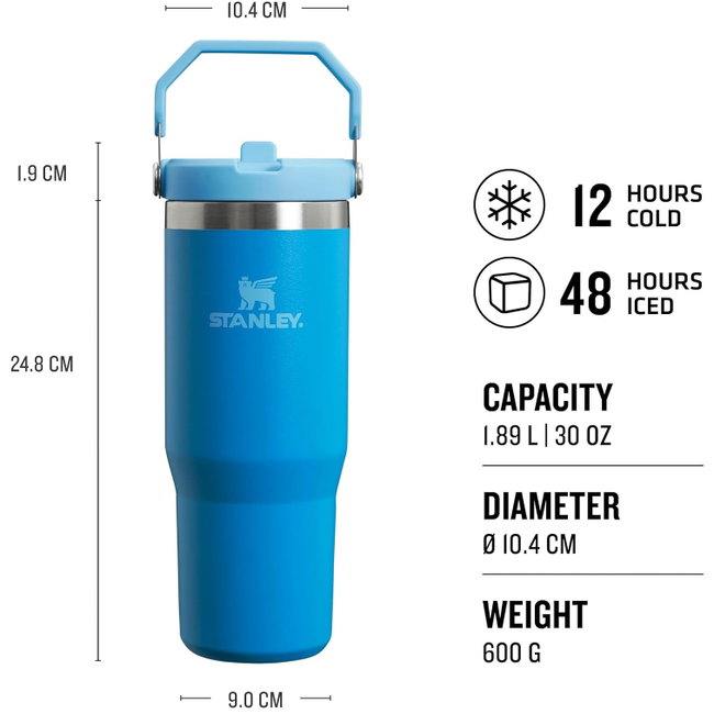 Stanley - termos tip sticla cu pai - Flip Straw Tumbler - albastru intens azur - 890 ml - Personalizat Trisport - Garmin