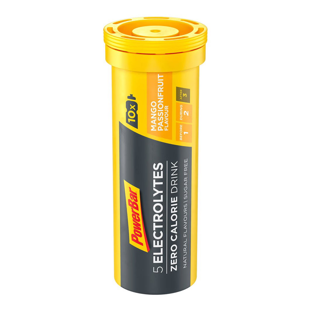 bradut artificial Powerbar - pastile efervescente hidratare si mineralizare 5 Electrolytes, aroma mango fructul pasiunii - cutie 10x 4.2g
