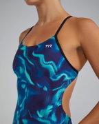 Costum înot întreg femei TYR Waveform Cutoutfit - albastru/verde | rezistent clor
