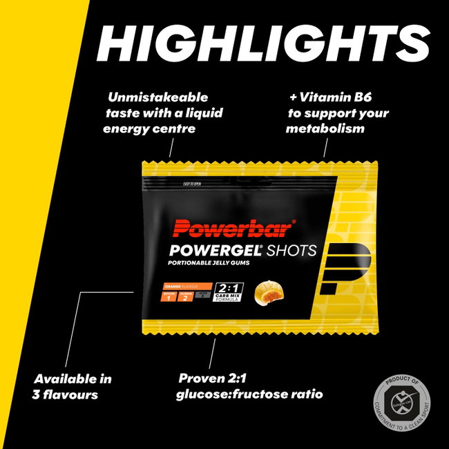 Jeleuri energizante PowerBar PowerGel Shots 60g - portocale