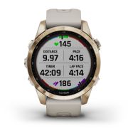 Garmin - fenix 7s Sapphire Solar ceas multisport cu GPS - ramă aurie Titanium si curea din silicon crem