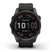 Garmin - fenix 7s Sapphire Solar ceas multisport cu GPS - ramă gri închis Titanium DLC, carcasă neagră si curea din silicon neagră