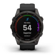 Garmin - fenix 7s Sapphire Solar ceas multisport cu GPS - ramă gri închis Titanium DLC, carcasă neagră si curea din silicon neagră