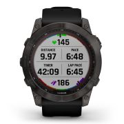 Garmin - fenix 7x Sapphire Solar ceas multisport cu GPS - ramă gri închis Titanium DLC și curea din silicon neagră