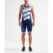 2XU - Costum triathlon barbati Compression Full Zip sleeveless Trisuit - albastru navy dungi alb