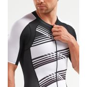 2XU - Costum triathlon barbati Compression Full Zip Sleeved Trisuit - negru dungi albe