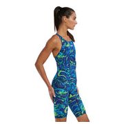 Costum înot întreg femei TYR Thresher Open Back - albastru/verde