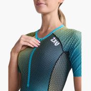 2XU - costum triatlon femei cu maneca scurta Aero Sleeved Trisuit - albastru india alb galben