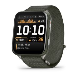 Garmin - Venu X1 - smartwatch cu GPS și AMOLED - Moss cu spate din titan argintiu și curea din nailon ComfortFit Moss