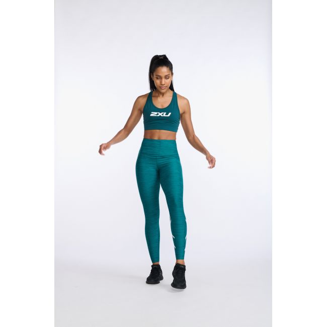 2XU - colanti compresie lungi femei Motion Print Mid Rise Compression Tights - verde inchis deep jade marled