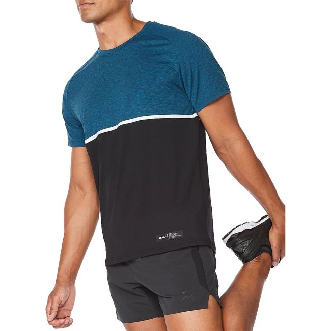 2XU - tricou tehnic pentru barbati Motion Color Block Tee - albastru Aquamarine negru