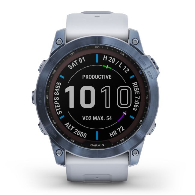 Garmin - fenix 7x Sapphire Solar ceas multisport cu GPS - ramă albastru Mineral Blue DLC Titanium și curea din silicon albă Whitestone