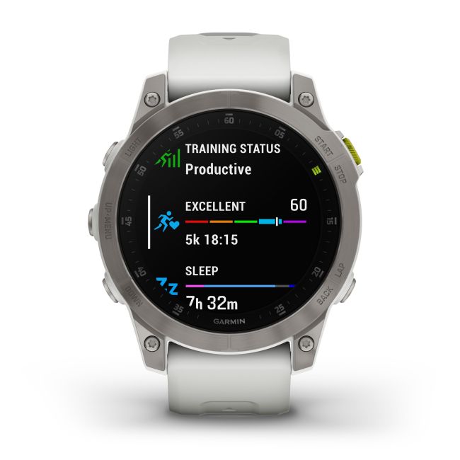 Garmin - Epix Gen 2 Sapphire smartwatch premium cu GPS si AMOLED - ramă gri din titanium, carcasă albă si curea din silicon albă