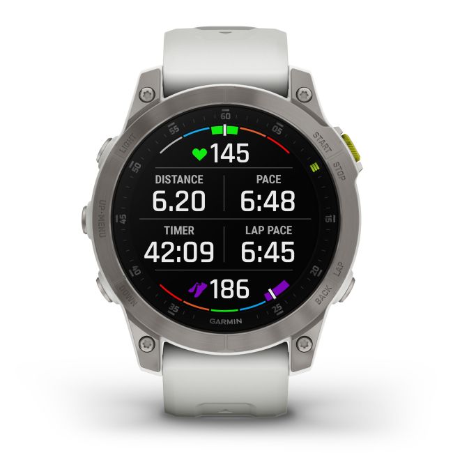 Garmin - Epix Gen 2 Sapphire smartwatch premium cu GPS si AMOLED - ramă gri din titanium, carcasă albă si curea din silicon albă