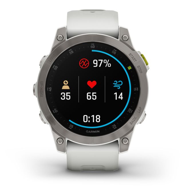 Garmin - Epix Gen 2 Sapphire smartwatch premium cu GPS si AMOLED - ramă gri din titanium, carcasă albă si curea din silicon albă
