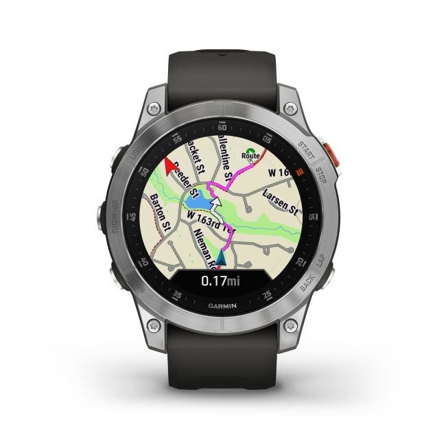 Garmin - Epix Gen 2 smartwatch premium cu GPS si AMOLED - ramă argintie din oţel inoxidabil, carcasă neagră si curea din silicon