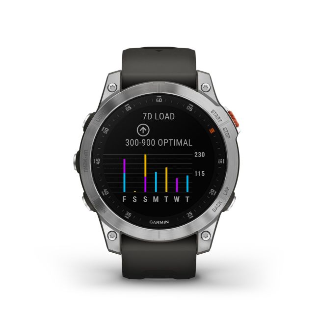 Garmin - Epix Gen 2 smartwatch premium cu GPS si AMOLED - ramă argintie din oţel inoxidabil, carcasă neagră si curea din silicon