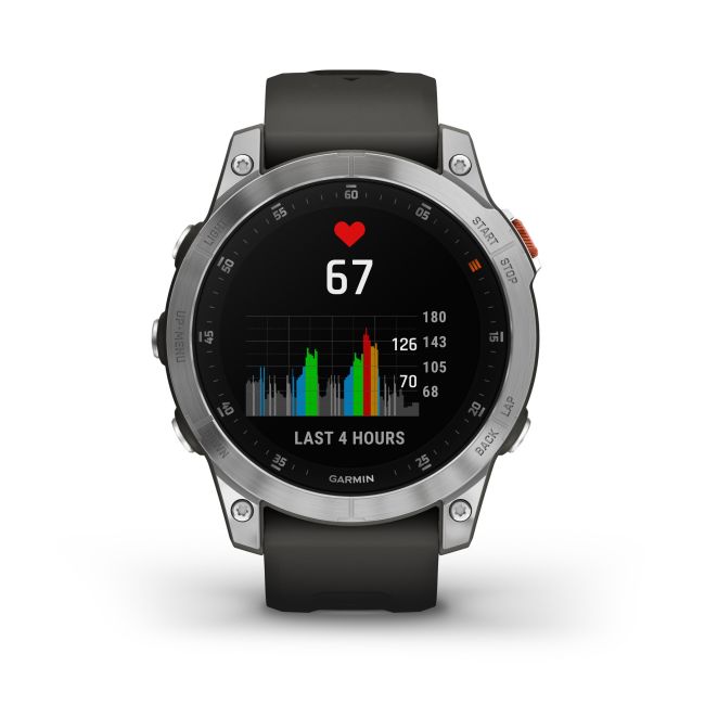 Garmin - Epix Gen 2 smartwatch premium cu GPS si AMOLED - ramă argintie din oţel inoxidabil, carcasă neagră si curea din silicon