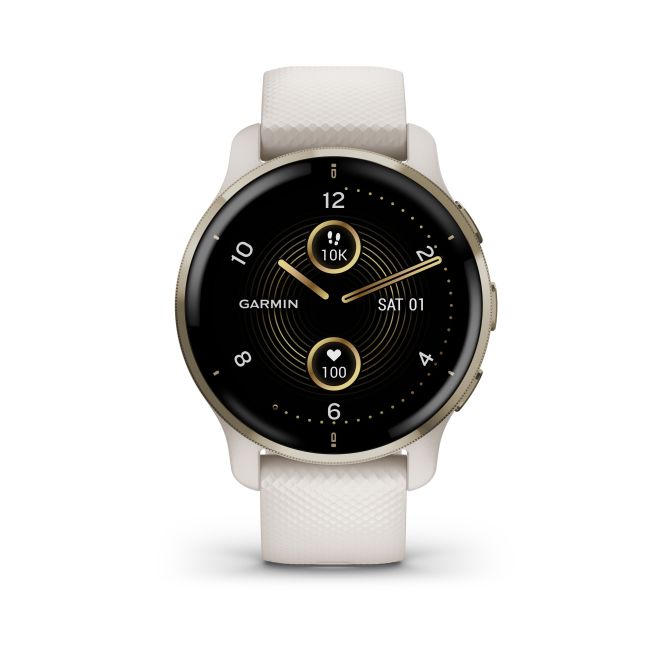 Garmin - Venu 2 Plus smartwatch cu GPS și AMOLED - ramă crem aurie din oţel inoxidabil, carcasă alb ivoar si curea din silicon