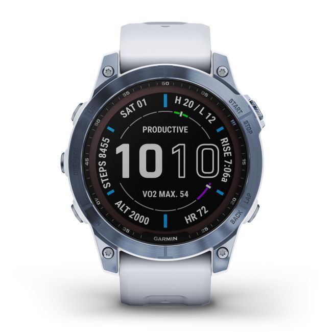 Garmin - fenix 7 Sapphire Solar ceas multisport cu GPS - ramă albastru Mineral Blue DLC Titanium și curea din silicon albă Whitestone